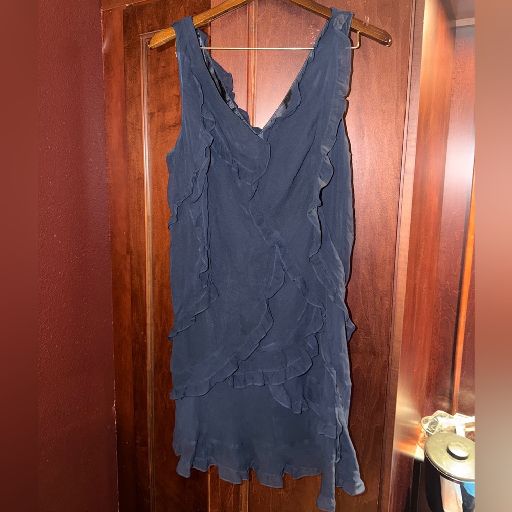 BCBGMaxAzria Navy 100% silk Ruffle Dress 8